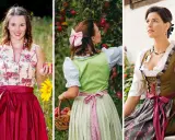 Drei Frauen in Tracht mit verschiedenen Dirndl-Looks. Eine mit einfacher Wiesn Frisur, eine beim Apfelpflücken und eine mit Schmuck.