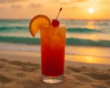 Koktajl "Sex on the Beach" na piasku, z widokiem na ocean i zachód słońca. Idealny na wakacje.
