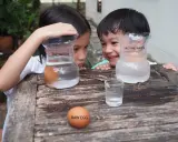 Niños observan un huevo flotando en agua salada y otro hundido en agua normal, parte de sus experimentos con agua.