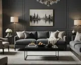 Salon moderne aux tons gris anthracite et beige, avec canapé, fauteuils, table basse et tableau de ville.