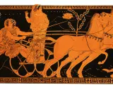 Antike olympische Spiele: Wagenrennen mit vier Pferden, eine Frau lenkt, eine andere winkt.