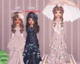Three avatars in elaborate gowns, ready to impress with a dress to impress theme. One wears a ruffled white gown, another a dark blue and gold dress, and the third a floral gown under a parasol.