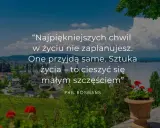 Krajobraz z jeziorem, miasteczkiem i cytatem o życiu.