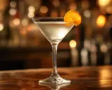 Elegancki martini, idealny james bond drink, z plasterkiem pomarańczy na krawędzi kieliszka, na tle rozmytego baru.