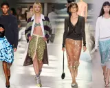 Modelli sfilano con gonne a paillettes in varie tonalità: bordeaux, blu, verdi, oro e azzurre. Ecco come abbinare gonna paillettes oro per un look scintillante.