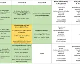 Trainingsplan mit Ausdauer- und Kraftübungen für drei Wochen. Fokus auf Kraftausdauer-Training mit Laufen, Radfahren und Stabilisierungsübungen.