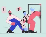 Ilustracja dwóch mężczyzn przy drzwiach, jeden próbuje wejść, drugi go powstrzymuje.