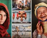 Opera d'arte di Steve McCurry: ritratto di bambina afghana, monaci in posa, pescatore e donna con anelli al collo.