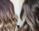 Dos estilos de cabello con mechas difuminadas: uno con tonos rubios y castaños, el otro más oscuro con reflejos grises.