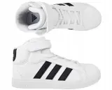 Białe buty sportowe Adidas z czarnymi paskami i rzepem. Idealne dla każdego, kto ceni wygodę i styl, jak wszystkie modele butów adidas.