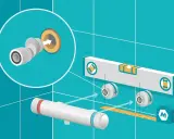 Schéma d'installation mitigeur thermostatique : raccordement, niveau à bulle et mètre pour un montage précis.