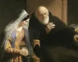Młoda kobieta w welonie klęczy przed mnichem, gdy wprowadzono spowiedź na ucho.