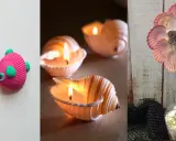 Idées créatives pour savoir que faire avec des coquillages ramassés sur la plage : poissons décoratifs, bougies, et une fleur en coquillages.