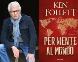 Ken Follett, autore di "Per niente al mondo", con la copertina del suo romanzo che mostra una mappa del mondo.
