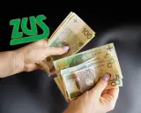 Ręce liczą pieniądze, a obok zielone logo ZUS. Czy to świadczy o tym, że czeka emerytura po mężu?