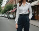 Elegancka stylizacja: biała koszula i granatowe szerokie spodnie. Idealne połączenie, które sprawdzi się w każdej sytuacji. Jaka marynarka do szerokich spodni? Ta stylizacja pokazuje, że czasem mniej znaczy więcej.