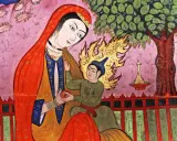 Eine Frau in Rot und Blau hält ein Kind, das von Flammen umgeben ist. Eine Szene aus der islamischen Geschichte, die Isa (Jesus) und seine Mutter Maria darstellt.