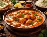 En skål med krämig butter chicken, garnerad med koriander. Bredvid syns naanbröd, ris och kryddor.