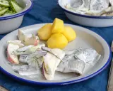 Eingelegter Hering mit Apfelspalten, Kartoffeln und Dill auf einem Teller. Daneben ein Schälchen Gurkensalat.