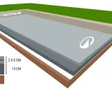 Coupe transversale d'un terrain de jeu de boule, montrant les couches de fondation et les dimensions.
