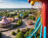 En livlig vy över Liseberg park med karuseller, pariserhjul och berg-och-dalbana. Soligt och grönt.