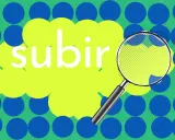Une loupe examine le mot "subir" sur un fond vert à pois bleus. Le participe passé de subir est "subi".