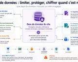 Schéma expliquant la sécurisation d'une base de données : limiter, séparer, restreindre, sauvegarder, purger, documenter. Le **serveur de sauvegarde** est un élément clé.