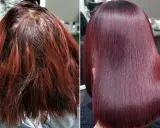 Vorher/Nachher-Vergleich: Trockenes, rotes Haar wird durch einen speziellen frisör shampoo in glänzendes, tiefrotes Haar verwandelt.