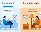 Évitez la lumière bleue froide le soir, car elle nuit à la mélatonine. Privilégiez une lumière chaude (sous 2700 K) après 21h pour ses bienfaits sur le sommeil.