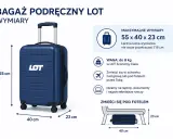 Granatowy bagaż podręczny LOT o wymiarach 55x40x23 cm, idealny na podróż.