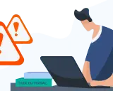 Personne travaillant sur un ordinateur portable, entourée de panneaux d'avertissement. Le livre "Code du Travail" est visible, soulignant le risque télétravail.
