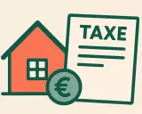 Maison, pièce de monnaie euro et document "TAXE". Illustration symbolisant la taxe foncière terrain nu.