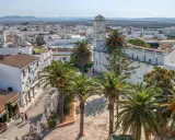 Vista aérea de Conil de la Frontera, con palmeras y edificios blancos. Ideal para saber qué ver en Conil.