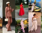 A collage of women in stylish, no suit wedding attire. Looks include floral maxi dresses, a pink pantsuit, a red ensemble, and a cherry-print outfit.