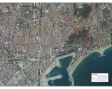 Mapa aéreo de Málaga con contornos de la zona de bajas emisiones. Se distinguen tres ámbitos: PEMUS (amarillo), Alicia (rojo) y envolvente (verde).