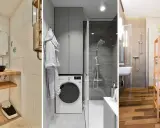Tre små badrum: ett med trädetaljer och svart handfat, ett med tvättmaskin och dusch, samt ett med trägolv och hyllor.