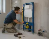 Instalator sprawdza poziomem stelaż podtynkowy WC, przygotowując łazienkę do montażu.