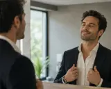 Uomo in giacca e camicia bianca si guarda compiaciuto allo specchio. Impara come comportarsi con un narcisista.