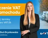 Natalia Gut-Drynkowska, konsultant podatkowy, wyjaśnia odliczenie VAT od samochodu i formularz VAT-26. W tle rząd samochodów.