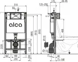 Schemat techniczny stelaż podtynkowy WC Alca z wymiarami: wysokość 980 mm, szerokość 510 mm, głębokość regulowana 125-250 mm.