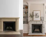 Avant/après : une cheminée ancienne transformée avec une décoration élégante, des étagères remplies de livres et une œuvre d'art.