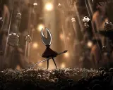Hornet, bohaterka Hollow Knight: Silksong, stoi na tle tłumu i unoszących się postaci.