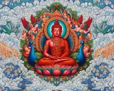 En röd Amitabha Buddha sitter i lotusställning, omgiven av påfåglar, änglar och moln i en livlig, detaljerad konststil.