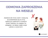 Podziękowanie za zaproszenie i odmowa przybycia na wesele z powodu odległości. Para młoda, czerwony krzyżyk.