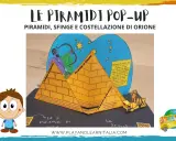 Modello pop-up con piramidi, sfinge e Orione, ideale per la matematica egizia a scuola primaria.