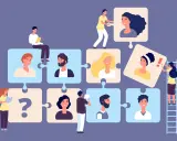 Menschen fügen Puzzleteile mit Porträts zusammen. Ein Fragezeichen deutet auf den Wandel der Arbeitswelt, Beispiele für neue Teamkonstellationen.