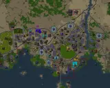 Mapa z gry Songs of Syx: rozbudowana osada nad wodą, z polami, lasami i zaznaczonymi obszarami.