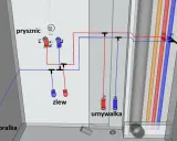 Schemat instalacji wodnej: pex 16 lub 20 do pralki, zlewu, umywalki, prysznica i WC.