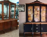 Transformación de un mueble antiguo de madera: antes, un aparador oscuro; después, pintado de azul marino con detalles dorados y papel tapiz floral.