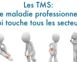 Les TMS : une maladie professionnelle qui touche tous les secteurs en France. Quatre silhouettes illustrent des douleurs aux genoux, au dos, à la jambe et au coude.